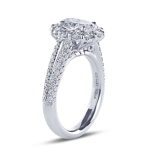 hidden halo diamond engagement ring with oval center and micro pave settings