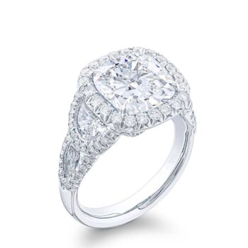 micro pave cushion cut diamond engagement ring with half moon and shield side stones