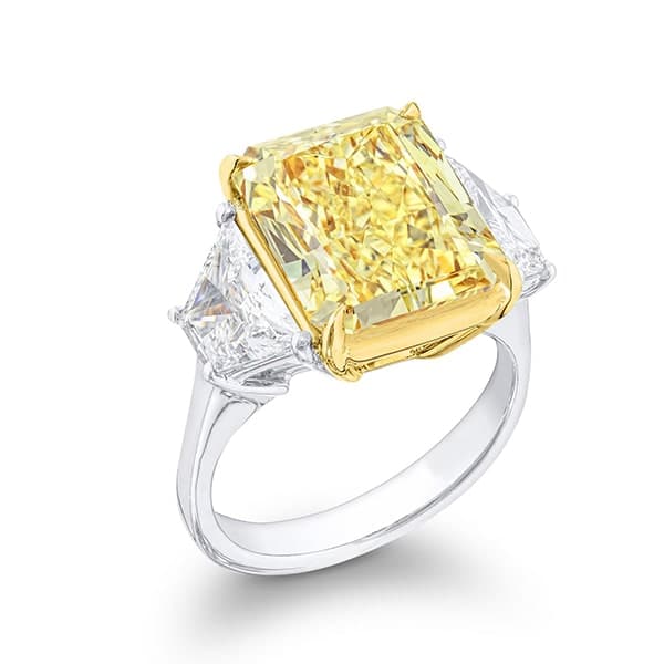 three stone diamond ring with trapezoid brilliant matching pairs and fancy yellow radiant cut