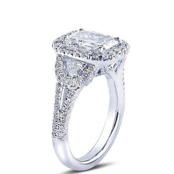 micro pave diamond engagement ring with emerald cut center stone half moon and tapered baguette side stones1