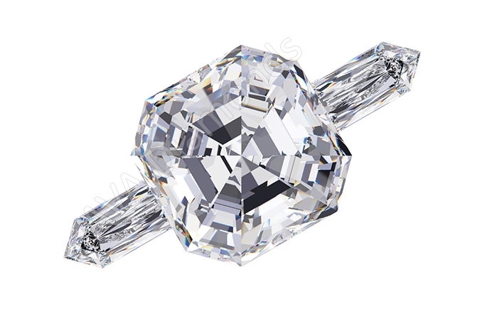 asscher three stone ring with bullet side stones