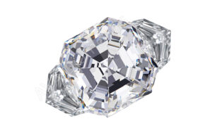 asscher three stone ring with epaullete side stones
