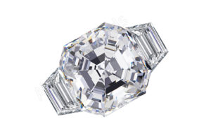 asscher three stone ring with step cut trapezoid side stones