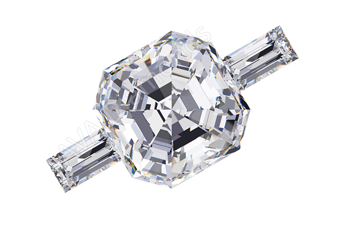 asscher three stone ring with straight baguette side stones