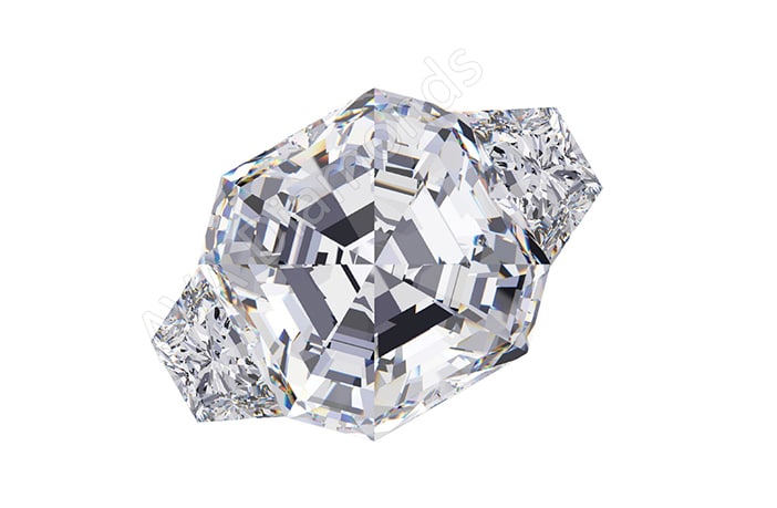 asscher cut three stone ring with brilliant cut trapezoid side stones