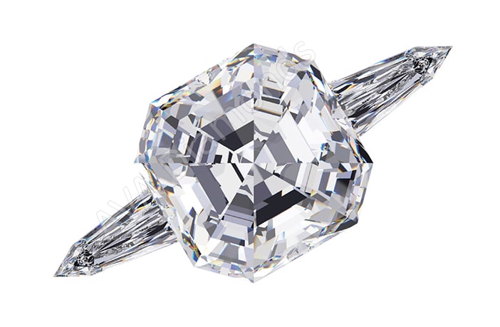 asscher cut three stone ring with tapered bullet side stones