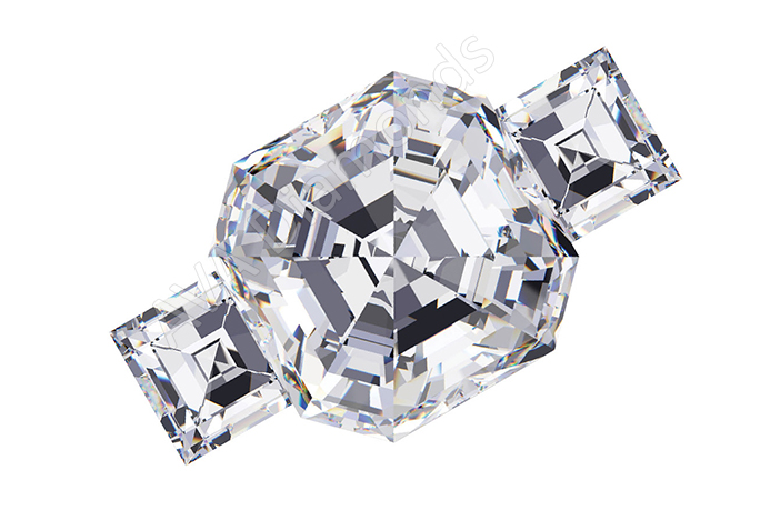 asscher three stone ring with carre side stones