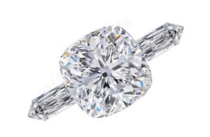 cushion cut three stone ring with bullet side stones