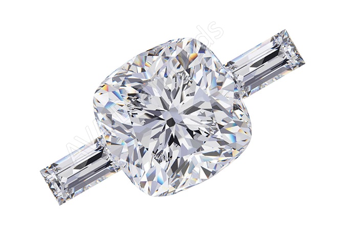 cushion cut three stone ring with straight baguette side stones