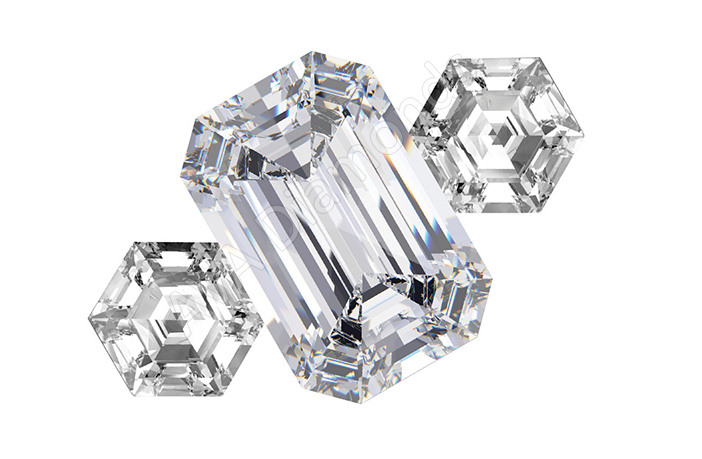 emerald cut three stone ring with hexagon side stones
