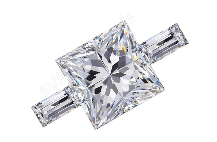 princess cut three stone ring with straight baguette side stones