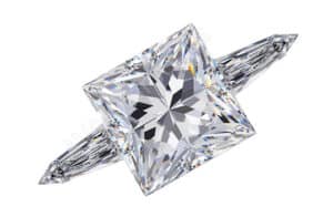 princess cut three stone ring with tapered bullet side stones
